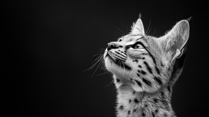 Obraz premium Curious serval cat in black and white studio animal portrait minimalist close-up expressive gaze