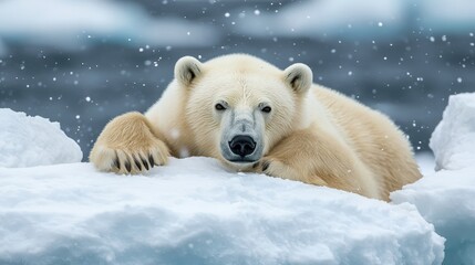 Naklejka premium Polar bear resting on icebergs in the arctic wildlife photography snowy environment close-up perspective