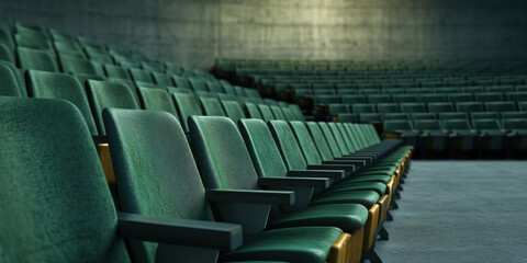 Fototapeta premium Seating arrangement in modern auditorium with retro touches, featuring green upholstered chairs and concrete backdrop, creating unique atmosphere