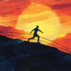 A silhouetted man runs uphill against a sunset sky