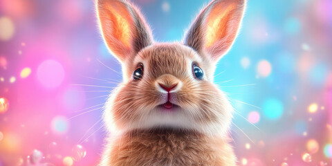 Fototapeta premium A rabbit in front of a cityscape, high fidelity image for text space enhancement.