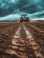 Fototapeta premium Tractor in muddy field
