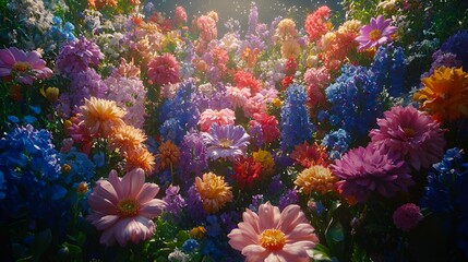 Vibrant flower garden, sunlight, close-up, nature background, perfect for wallpaper or greeting card