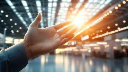 Fototapeta premium welcoming hand reaches out towards bright light in spacious indoor setting, evoking feelings of warmth and openness