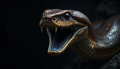 Fototapeta premium Close-up of a Striking Snake with Open Jaws, a Powerful Predator in the Darkness