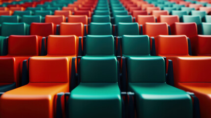 Vibrant rows of empty stadium seats in alternating colors create striking visual pattern. arrangement showcases mix of orange and green, evoking lively atmosphere