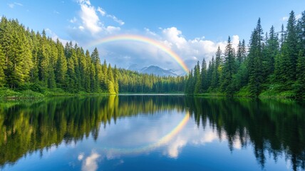 Fototapeta premium Serene lake surrounded by lush forests and a vibrant rainbow arching in the sky.