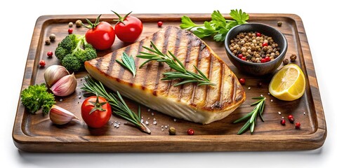 Seared Swordfish steak, perfectly seared, gourmet top view.