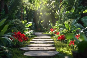 Fototapeta premium Stone path winding through lush tropical vegetation with red flowers