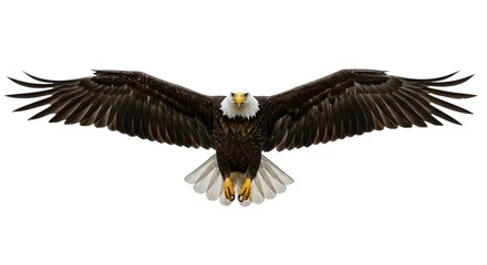 Naklejka premium Majestic Bald Eagle in Flight Wings Spread Wide Isolated on White Background