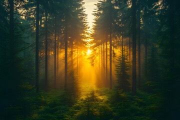 Golden Sunlight Path Through Misty Forest
