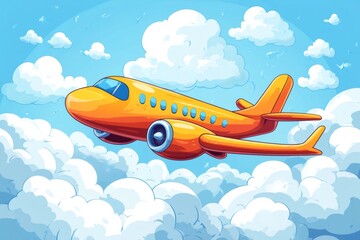 Cartoon airplane flying above the clouds in the blue sky