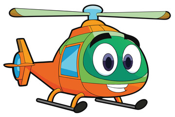 Cartoon helicopter with big eyes illustration. Blue and orange toy helicopter is on the ground.