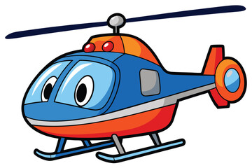 Cartoon helicopter with big eyes illustration. Blue and orange toy helicopter is on the ground.