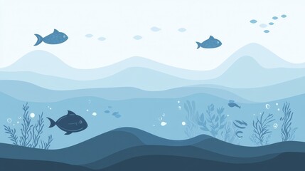 Naklejka premium Serene Underwater World: A Peaceful Ocean Scene with Silhouettes of Fish and Aquatic Plants
