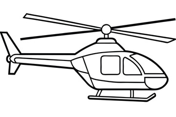 LineArt Cartoon helicopter with big eyes illustration. Blue and orange toy helicopter is on the ground.
