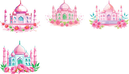 Naklejka premium Taj mahal with pink floral decoration watercolor vector art set design 