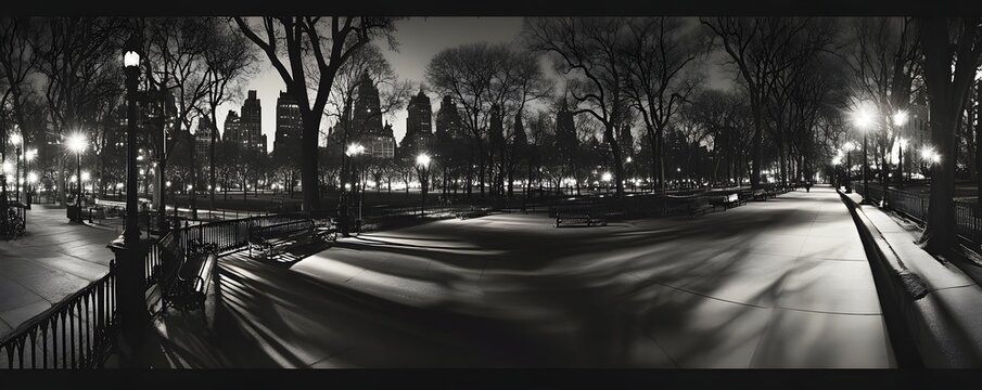 Fototapeta Central park at night with building silhouettes and light posts