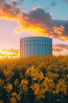 Yellow flowers near water tank