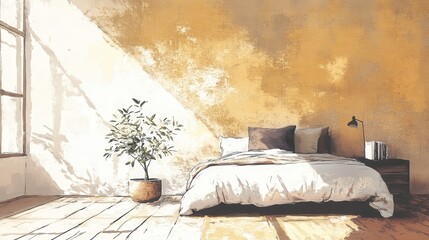 Cozy Modern Bedroom with Artistic Yellow Wall and Natural Light