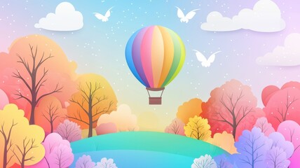 A colorful hot air balloon floats over a vibrant, whimsical landscape with trees and birds.