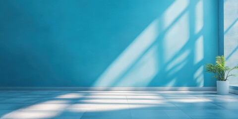 A bright turquoise wall with strong shadows and indoor plant
