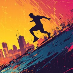 Active individual leaping through the air over city buildings