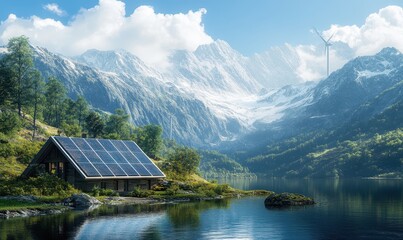 Fototapeta premium Solar energy panel photovoltaic cell and wind turbine farm power generator in nature landscape