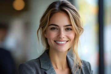 Fototapeta premium Young businesswoman smiling and looking confident in modern office