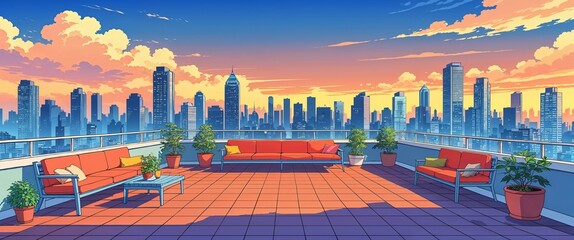 Rooftop terrace with city skyline background anime retro cartoon concept illustration