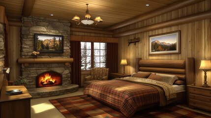 Cozy Mountain Retreat Bedroom with Fireplace and Wood Decor