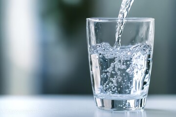 Water is being poured into a clear glass cup