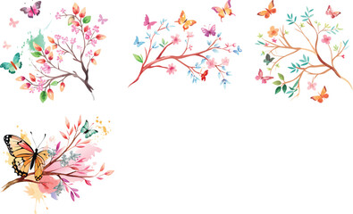 Obraz premium Vintage climbing branches of Thai butterfly watercolor vector art set design 