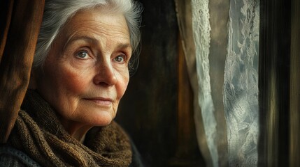 Older woman gazing out window