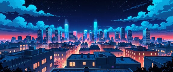 Rooftop view of a sprawling metropolis glowing at night background anime retro cartoon concept illustration