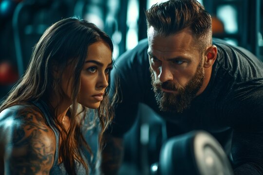 Personal trainer assisting woman during workout with dumbbells in gym