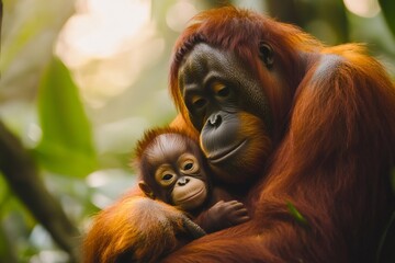 Obraz premium Mother orangutan embracing her baby in the rainforest