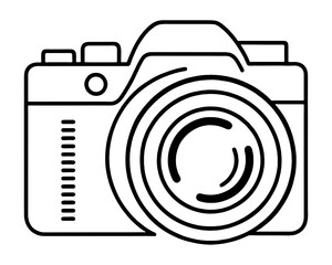 ズームレンズを取り付けたデジタル一眼レフカメラのシンプルな黒い線画イラスト　透過背景の切り抜き