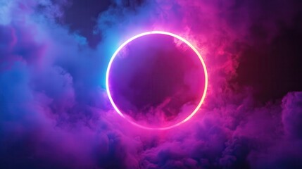 Obraz premium Neon circle in blue and pink smoky clouds