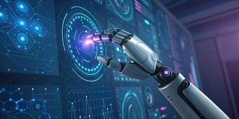 a robotic hand interacting with a futuristic digital interface and a series of screens, filled with data and technology