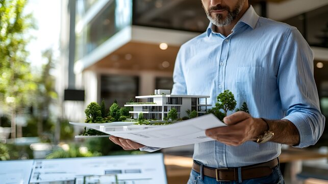 A man proudly holding a detailed model of a house in a bright, inviting room signifying home ownership and design aspirations