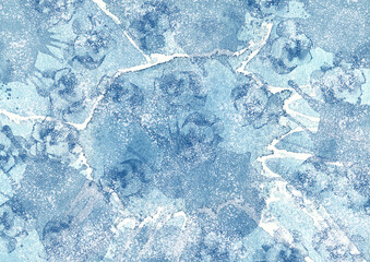 The texture of ice with cracks and frozen buds. Ice in watercolor grunge style with flowers. Winter background, ice floe, frame, texture for festive design.