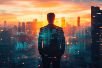 A businessman stands silhouetted against a cityscape at sunset, overlaid with data visualizations representing financial markets and technological advancements.