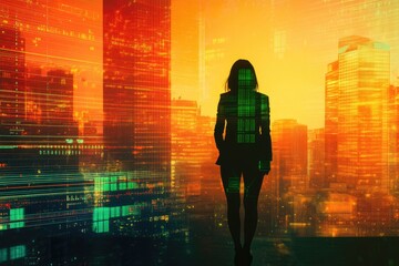 Silhouette of a woman standing in a futuristic city at sunset, overlaid with digital data streams.