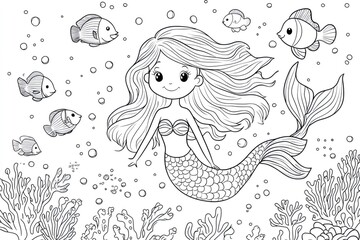 Cute mermaid swimming among corals and fishes coloring page