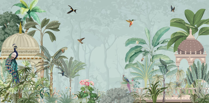 Traditional mughal garden Illustration, Mughal mural wallpaper Design, Birds, Peacock, Watercolor Background.