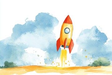 A vibrant watercolor illustration of a rocket launching into the sky, representing innovation, exploration, and the spirit of adventure in technology.