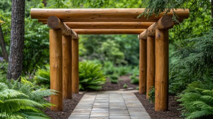 Garden Pergola Shade Concept, Rustic Log Pergola Nestled in Woodland Garden with Lush Greenery