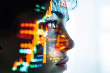 A woman's face overlaid with vibrant, dynamic financial data visualizations, symbolizing technological integration in finance.