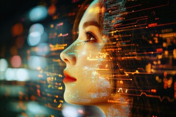A woman's face merges with digital data streams, symbolizing AI, technology, and the future of humanity.